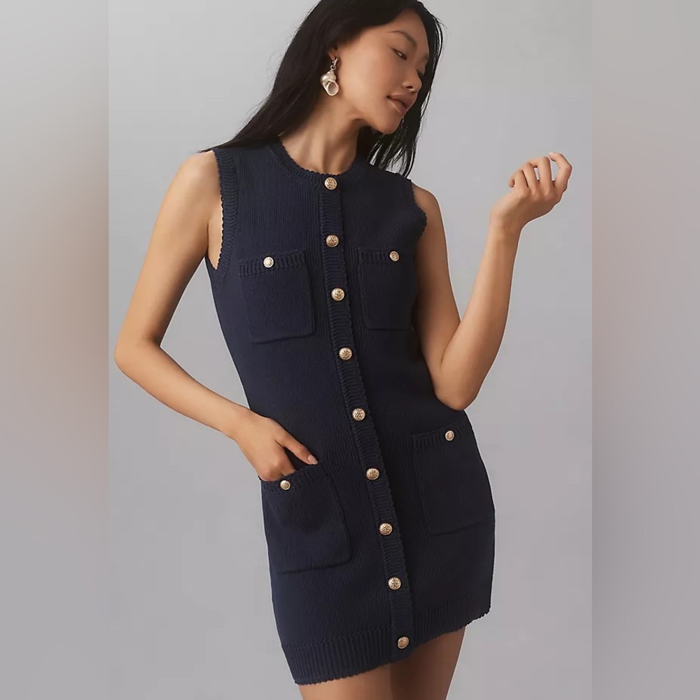 Reformation Navy Sleeveless Button-Front Mini Dress